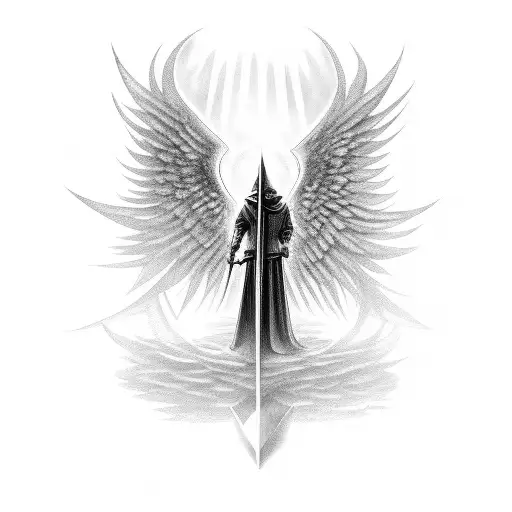 Standing Angel With A Hood That Covers The Entire Face And A Sword That Points Downwards