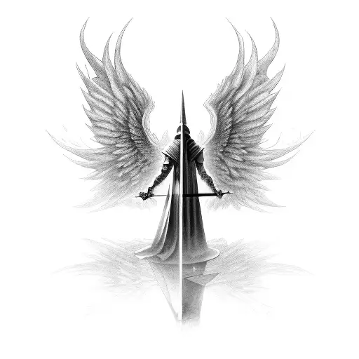 Standing Angel With A Hood That Covers The Entire Face And A Sword That Points Downwards