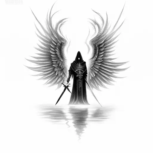 Standing Angel With A Hood That Covers The Entire Face And A Sword That Points Downwards