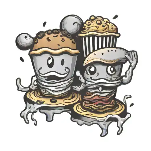 Fine Line Of A Sausage And Muffin Holding Hands Running