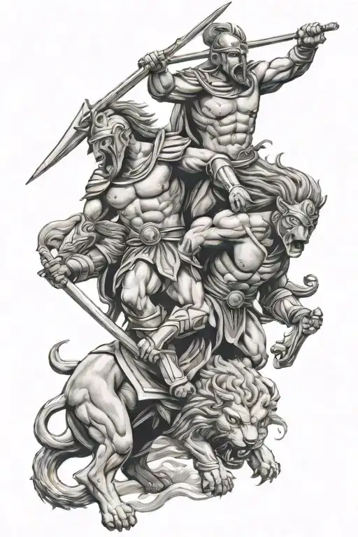 Three Spartans Fighting Alongside Lion