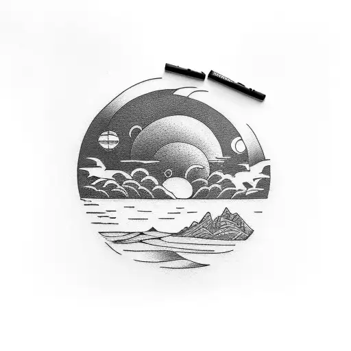 Arm Sleeve Tattoo With Sunset Over The Beach