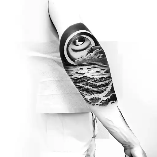 Arm Sleeve Tattoo With Sunset Over The Beach But The Sun Is An Eyeball