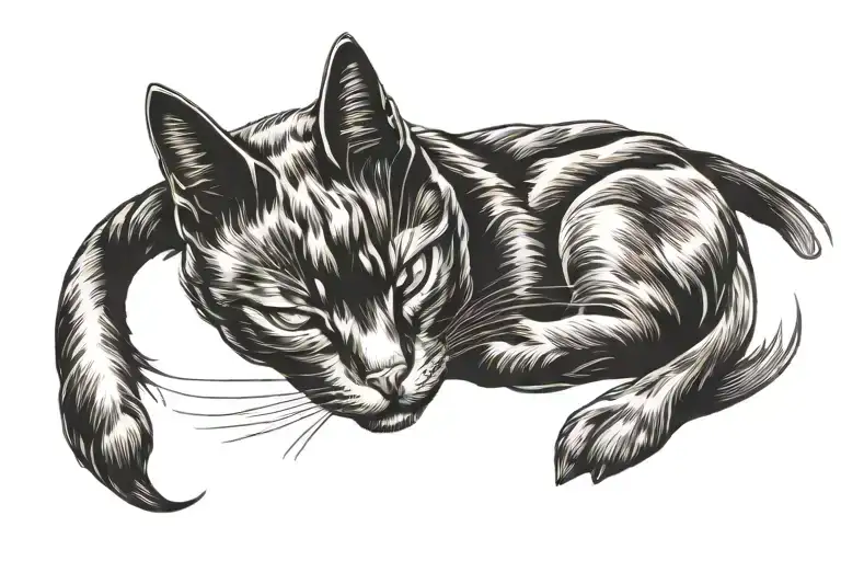 Sleeping Black Cat Curled Around