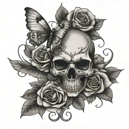 Skull Moth Roses Knife Intertwined