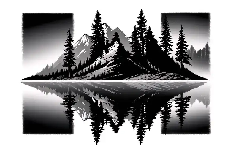 Mountain Range With Pine Trees Reflected