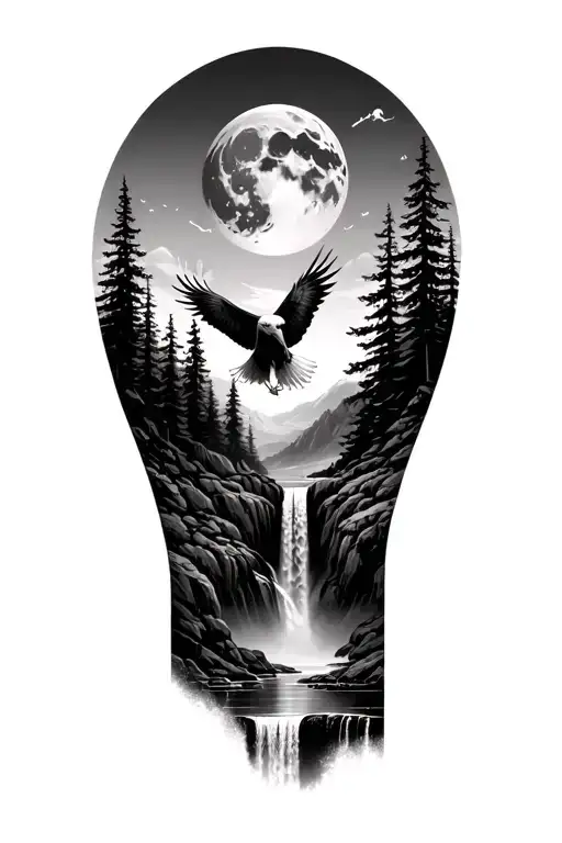 Forest With Waterfall In The Middle And A Bald Eagle Flying With A Moon In The Background