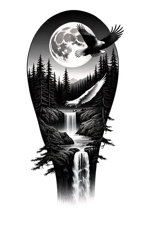 Forest With Waterfall In The Middle And A Bald Eagle Flying With A Moon In The Background