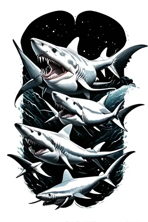 School Of 8 Sharks Hunting