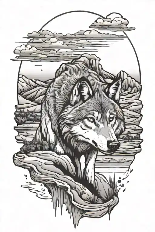 Wolf And Desert Landscape With Water