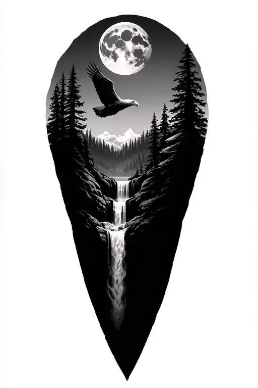 Forest With A Waterfall In The Middle And A Bald Eagle Flying With A Moon In The Background