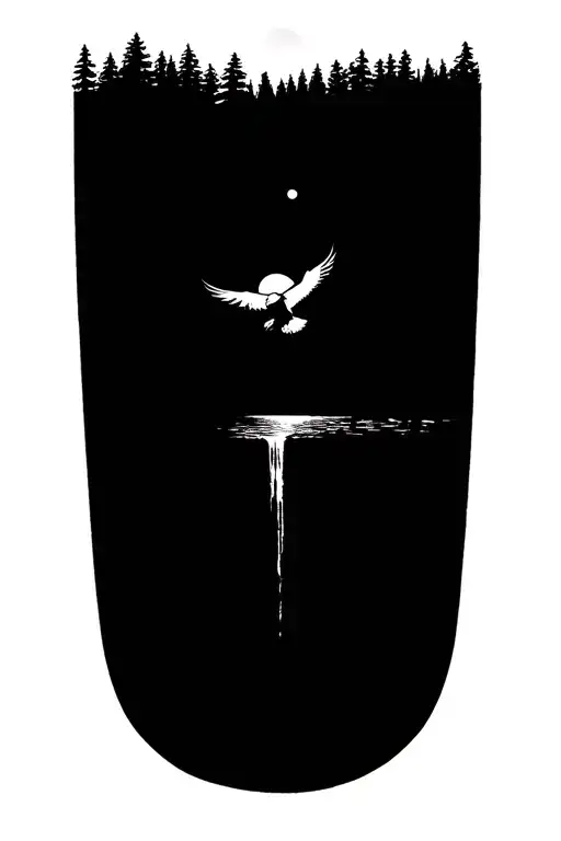 Forest With A Waterfall In The Middle And A Bald Eagle Flying With A Moon In The Background