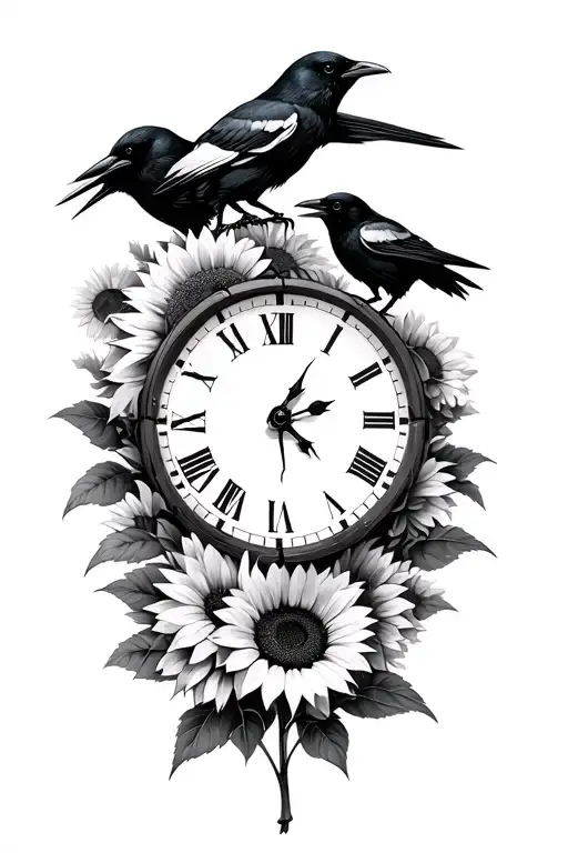 Crows Broken Time Clock And Destressed Sunflowers
