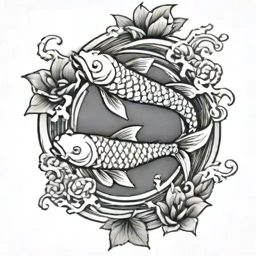 Koi Fish Swimming Around A Yen And Yang