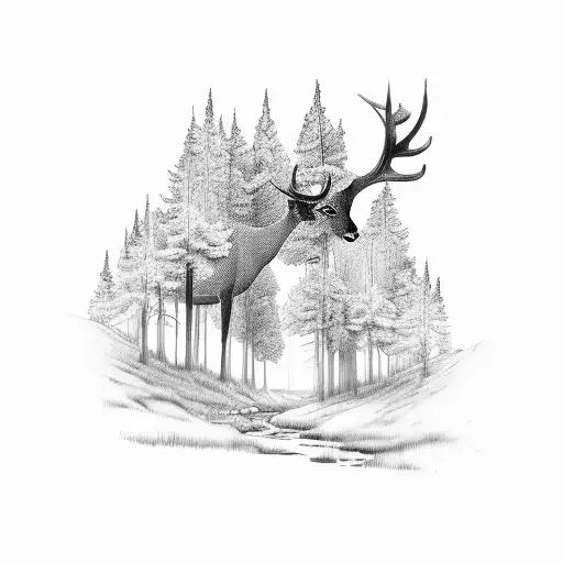 Dark Forest With One Deer In It And A River Through It