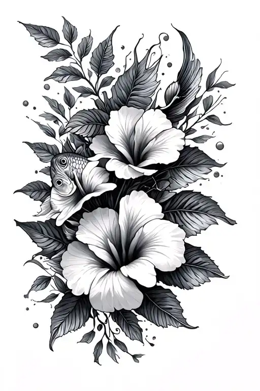 Hibiscus Flowers Going Down The Spine With Coy Fish Swimming Through The Flowers