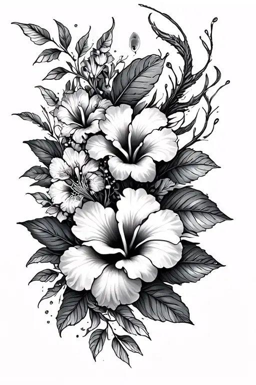 Hibiscus Flowers Going Down The Spine With Coy Fish Swimming Through The Flowers