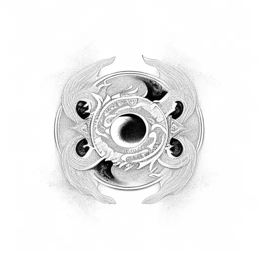 A Yin Yang Symbol With A Dragon And It Elements In Black-grey Style