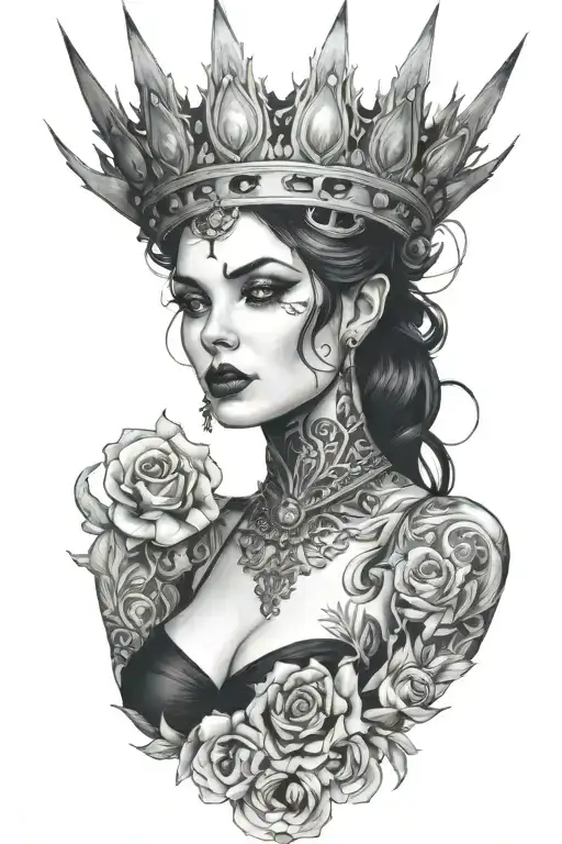 Goth Woman With Tattoos And A Crown Surrounded
