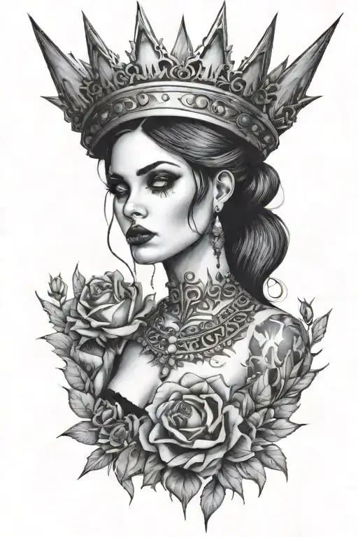 Goth Woman With Tattoos And A Crown Surrounded