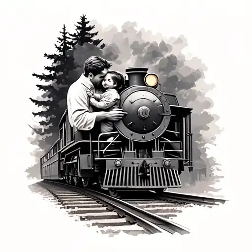 Background Train And A Man Hugging A Child