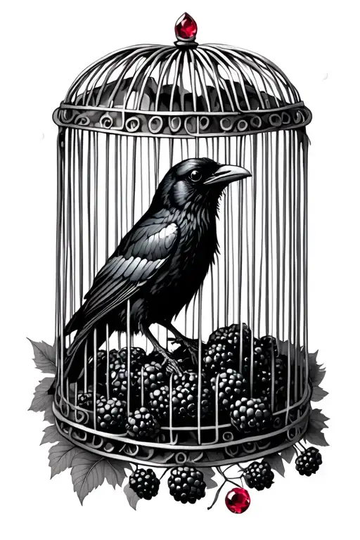 Crow In A Cage With A Ruby Handle Picking At Blackberries