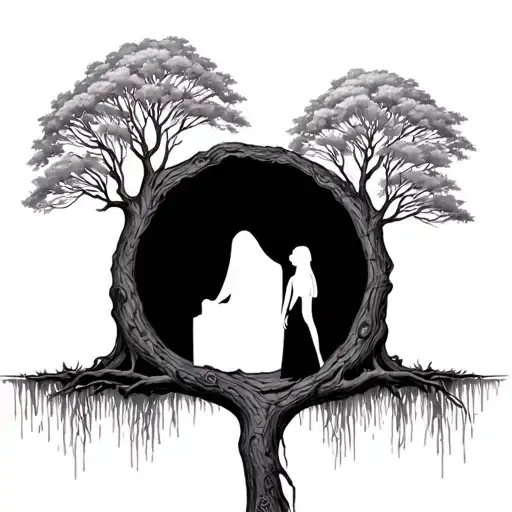 Willow Tree With Woman A Part Of The Tree Trunk