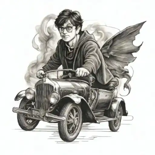 A Realistic Black And Grey Portrait Of Harry Potter Driving A Magical Car
