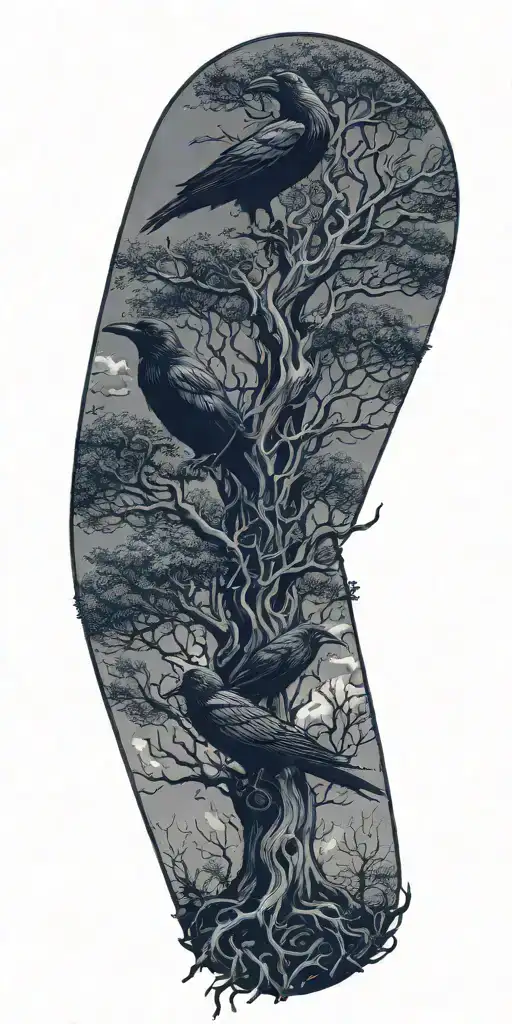 Crows Perched On Yggdrasil World Tree