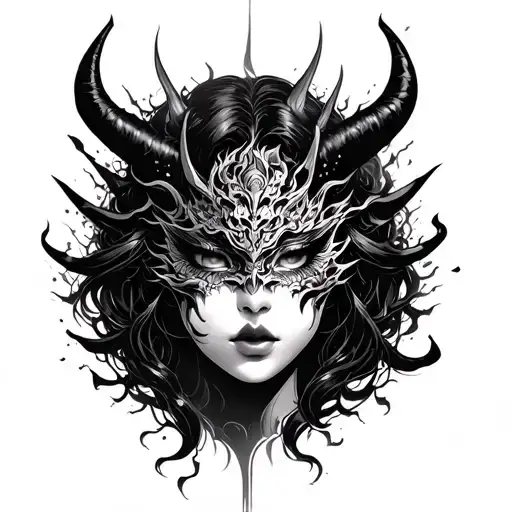 Japanese Tattoo Of A Feminine Face That Emerges From A Demon Mask That Breaks