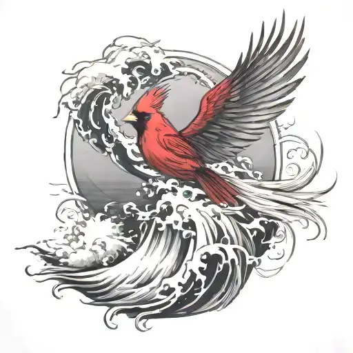 Flying Cardinal And The Ocean Wave Crashing