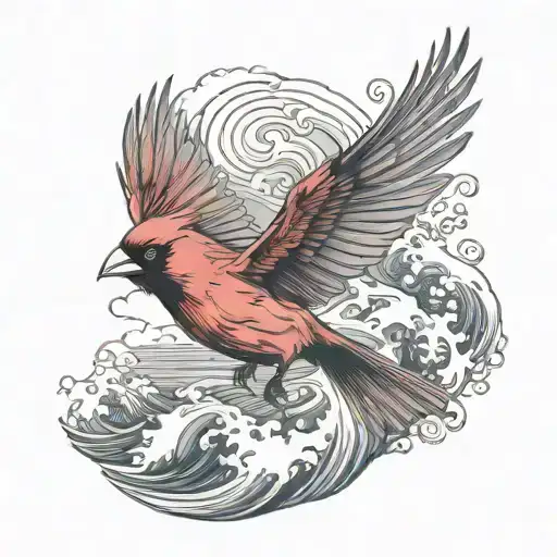 Flying Cardinal And The Ocean Wave Crashing