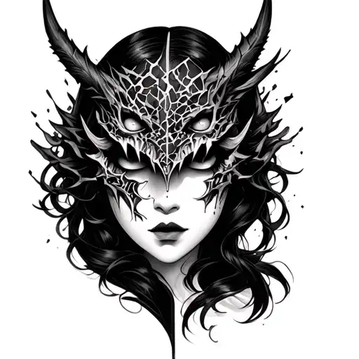 Japanese Tattoo Of A Feminine Face Which Appears Behind A Broken Demon Mask