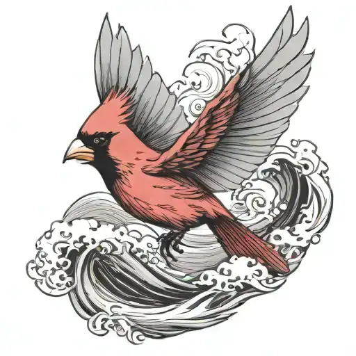 Flying Cardinal Theough An Ocean Wave