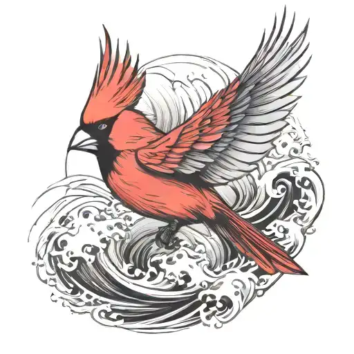 Flying Cardinal And Ocean Wave