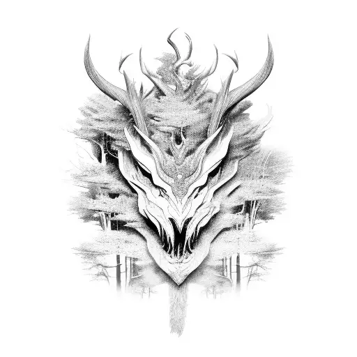 A Mythical Creature Emerging From A Forest In A Metal-inspired Design