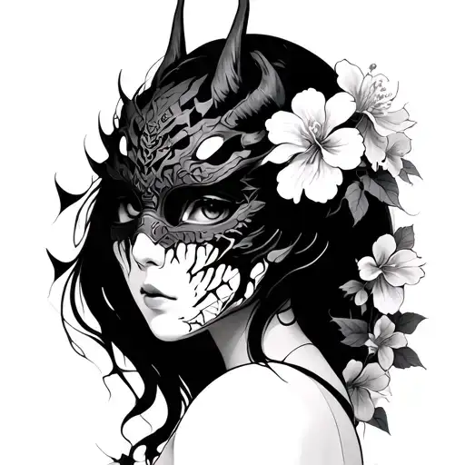 Japanese Tattoo Of A Feminine Face Which Appears Behind A Mask Of Broken Demon And Sakura Flowers