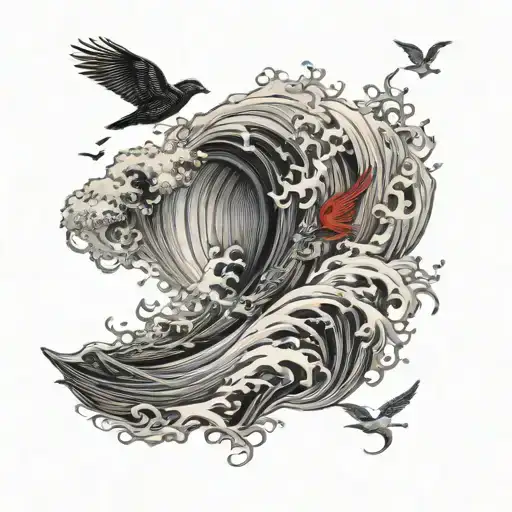 Ocean Wave And Flying Cardinal Flying