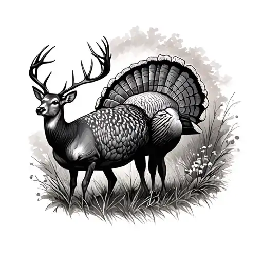 Deer And Turkey In Field