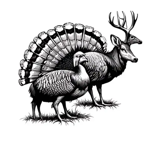 Deer And Turkey In In A Farm Scene