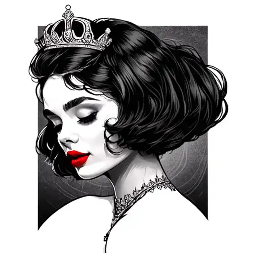 Women's Head With Short Hair Red Lipstick With Crown Tipped On Side Of Head