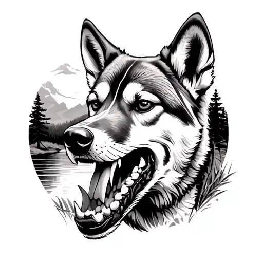 Dingo Bearing Teeth In Safari With Trees And River In Background