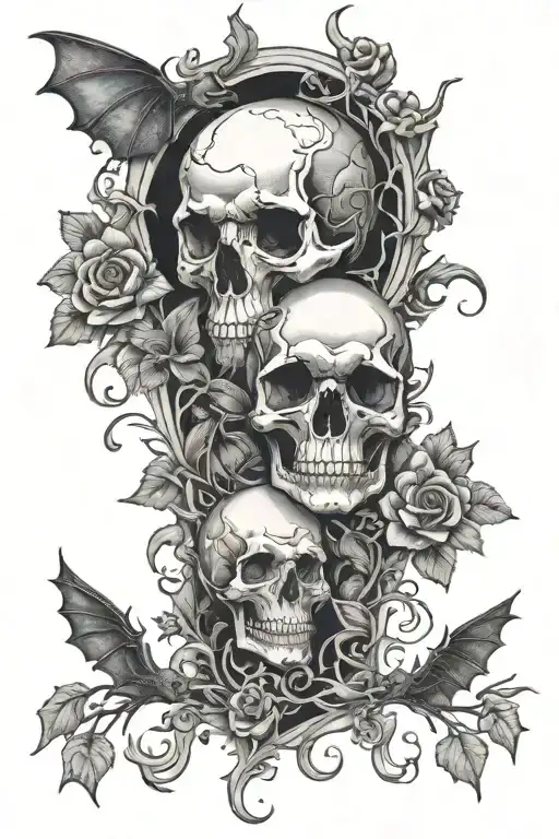Skulls And Flowers And Moon And Bats And Trees And Skeleton And Surrounding
