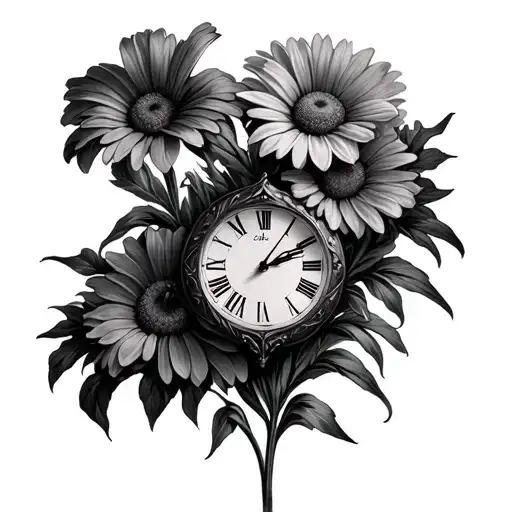 Daisy And Iris Flowers With Clock