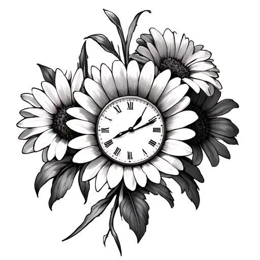Daisy And Iris Flowers With Clock