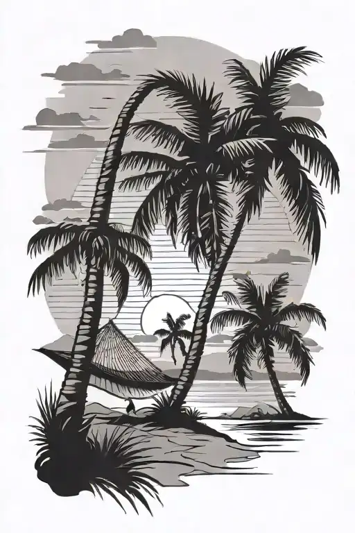 Palm Trees On Beach At Sunset With Hammock
