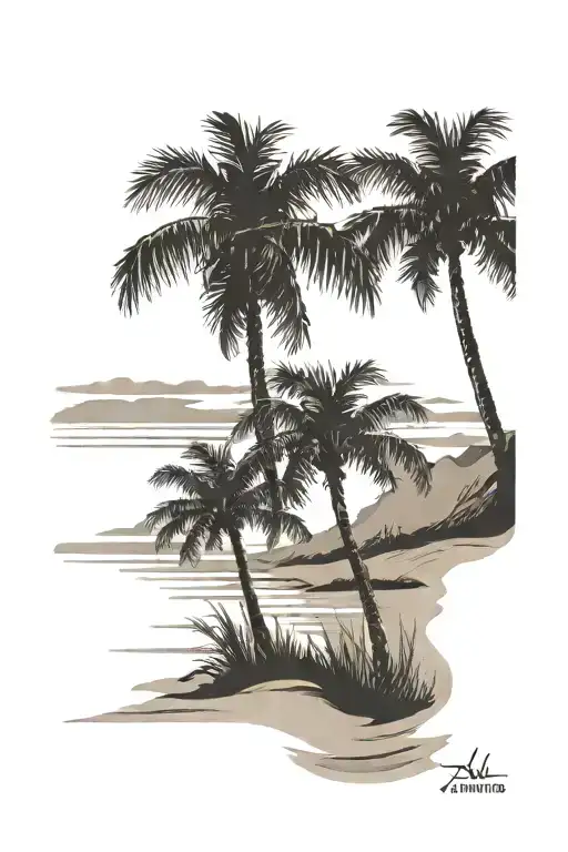 Two Palm Trees On A Beach At Sunset With The Sand In The Foreground And Calm Sea In The Background