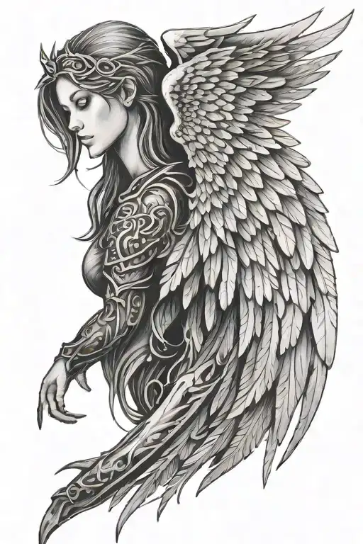 Armor On One Side Angel Wing On Back With Name Mark Written