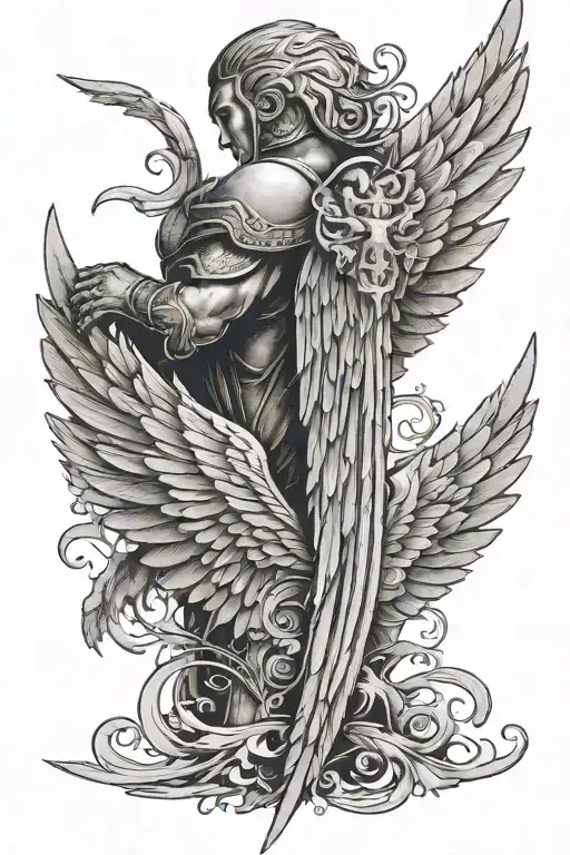 Armor On One Side Angel Wing On Rear With Name Mark Written Forearm