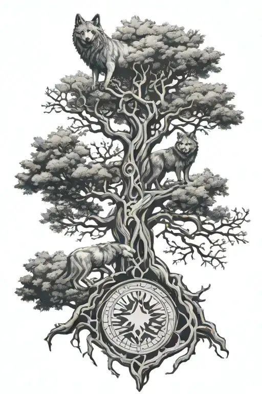 Yggdrasil Tree With Runes Engraved And A Wolf Standing Behind